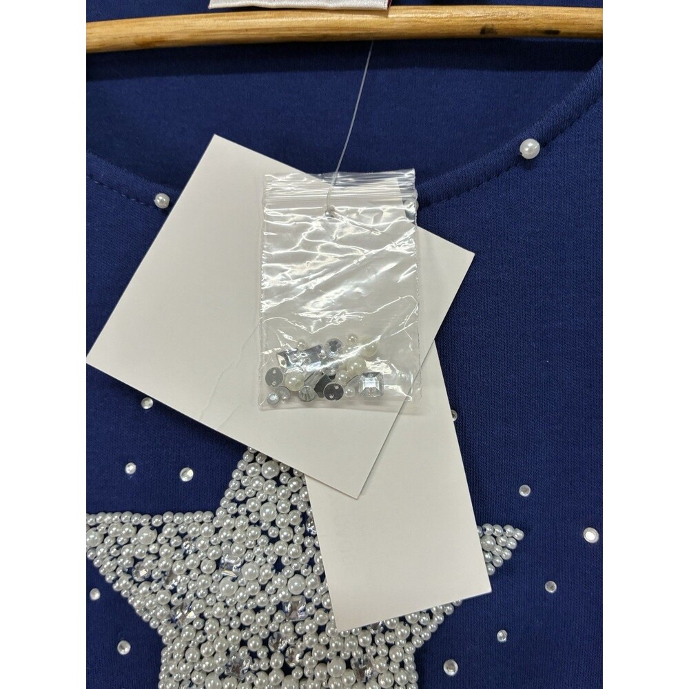 Quacker Factory T Shirt Size Large Blue Star Rhinestones Short Sleeve - Picture 7 of 12
